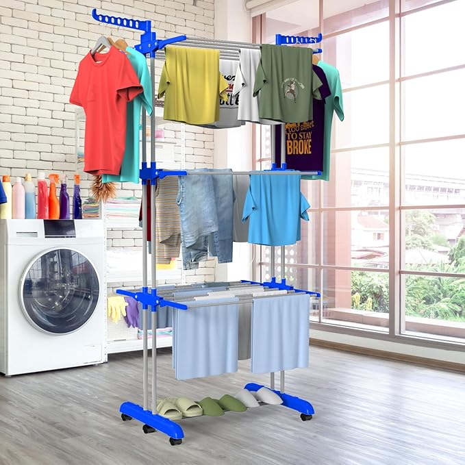 Bigzzia Clothes Drying Rack, 67.7 Inch Laundry Drying Rack with Foldable Base, 4 Tier Stainless Steel Drying Rack Clothing, Movable Laundry Rack for Indoor Outdoor-Blue-CubbioJoy