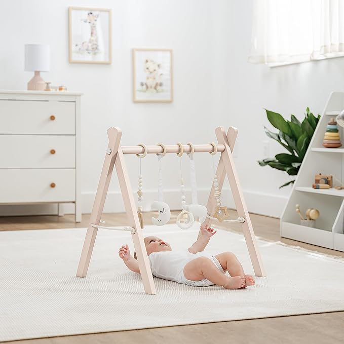 Comfy Cubs Wooden Baby Play Gym - Natural Finish Pinewood Baby Activity Gym with 5 Sensory Hanging Toys - Easy No-Tool Assembly, Safe and Durable for Infant Motor and Visual Development - Blush-CubbioJoy