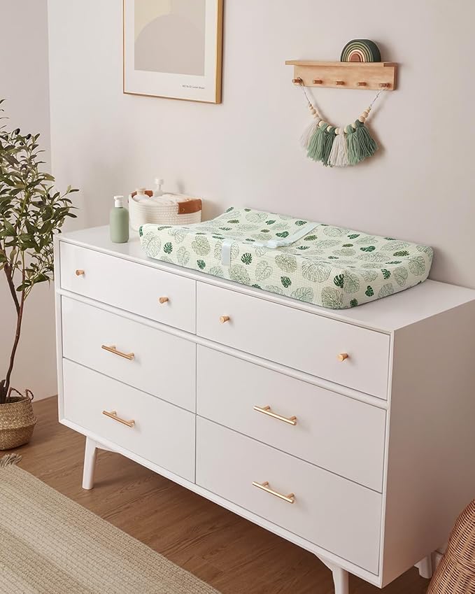 Blissful Diary Muslin Baby Changing Pad with Waterproof Lining Foam, Diaper Changing Table Pad with Cover for Dressers (Monstera, Rectangular)-CubbioJoy