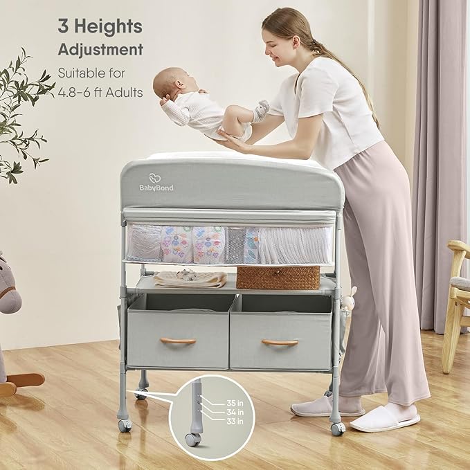 BabyBond Portable Baby Changing Table with 2 Storage Baskets, Foldable Changing Table Dresser Waterproof Diaper Changing Table Height Adjustable Changing Station for Infant and Newborn(Beige)-CubbioJoy