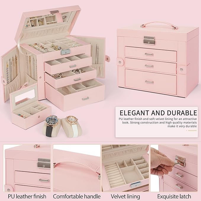 AKOZLIN 4-Tier Jewelry Box Lockable Leather Jewelry Storage Case Organizer with 3 Drawers for Women Girls Ring Necklace Earring Bracelet Watches Holder with Mirror Pink-CubbioJoy