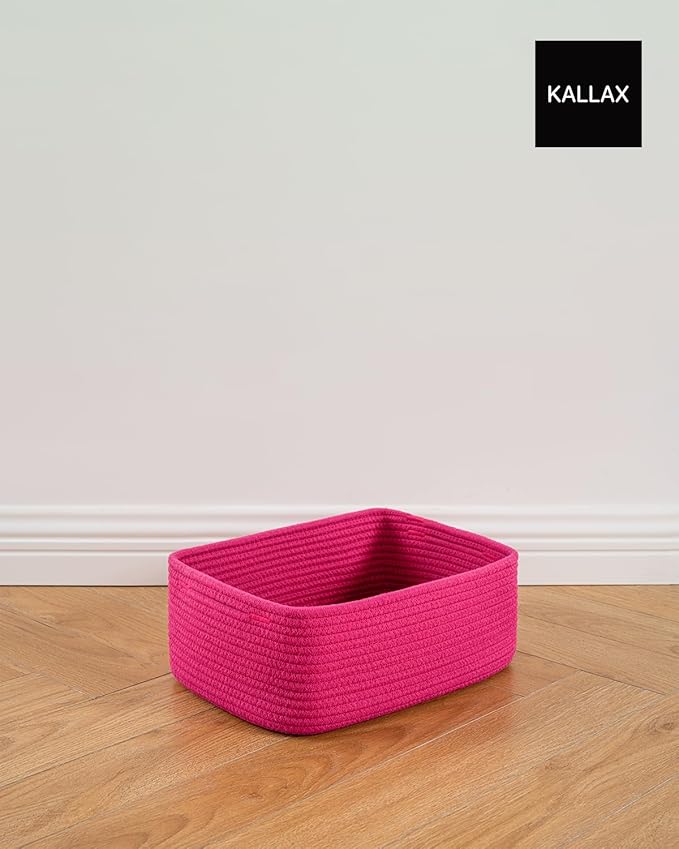 KALLAX Small Woven Basket, 13.5 x 9.5 x 5 Inches, Storage Basket for Organizing, Cute Small Rope Shelf Closet Cube Storage Bins Baskets for Shelves, Dog Toy Gift Baskets Empty, 3 Packs, Hot Pink-CubbioJoy