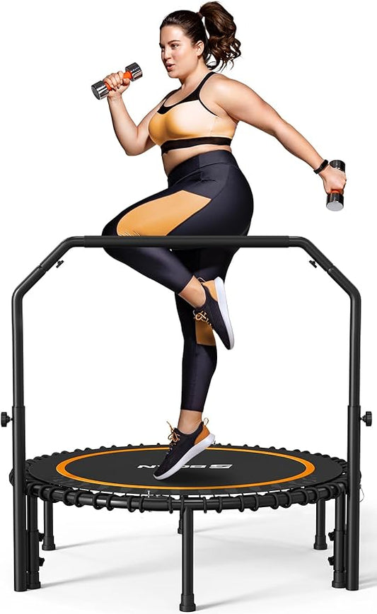 BCAN 40"/48" Mini Rebounder Trampoline for Adults with Bar, 450/550LBS Fitness Trampoline with Bungees, Adjustable Handle, Stable & Quiet, Indoor Outdoor, Whole-Body Workout & Relaxation at Home-CubbioJoy