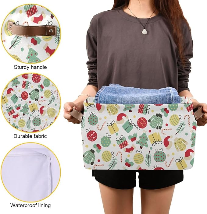 Christmas Storage Basket Tree Candy Canes Socks and Gift Storage Bins Organizer Bag Collapsible Closet Shelf Baskets Cube with handle for Baby Cloth Pet Toy Book 14.2×10.2×8.3 IN-CubbioJoy