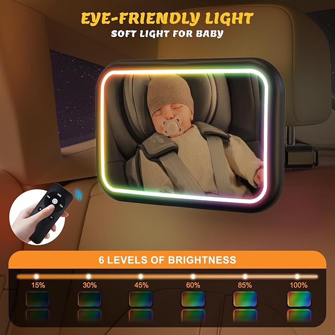 Baby Car Mirror with Light, 7 RGB Light Rear Facing Baby Car Seat Mirror with Remote Control Rechargeable 360° Rotation Hook Clip Design Wide View Shatterproof-CubbioJoy