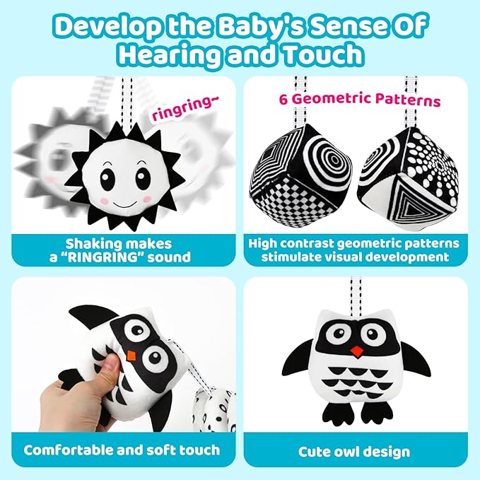 Black and White High Contrast Baby Toys - Sensory Infant Hanging Carseat & Stroller Toy for Newborns 0-6,6-12Months Perfect Easter Birthday & Baby Shower for Babies Boys Girls-CubbioJoy