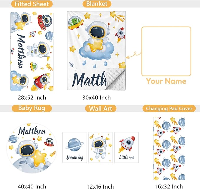 Customized Baby Bedding Set, 5 Pcs Custom Nursery Bedding Set with Baby Name, Double Layer Crib Set for Girls Boys, Personalized Gifts for Toddlers Infants New Parents, Space Astronaut-CubbioJoy