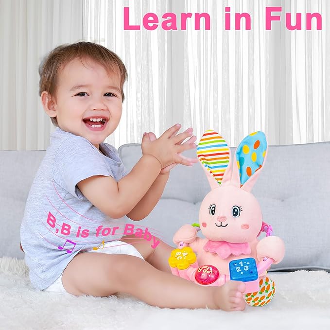 Baby Rabbit Musical Stuffed Animals Toy,Infant Bunny Bilingual Early Learning Education Toy with Light-Up Music & Crinkle,1st Easter Basket Shower Stuffers for 0 1 2 3 6 9 12 18 Month Girl,Pink-CubbioJoy