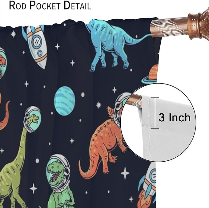 Cartoon Dinosaur Curtains for Kids Boys Girls Home Decor, Astronaut Rocket Funny Outer Space Blackout Rod Pocket Window Drapes for Bedroom Living Room W21xL63in 2 Panels-CubbioJoy