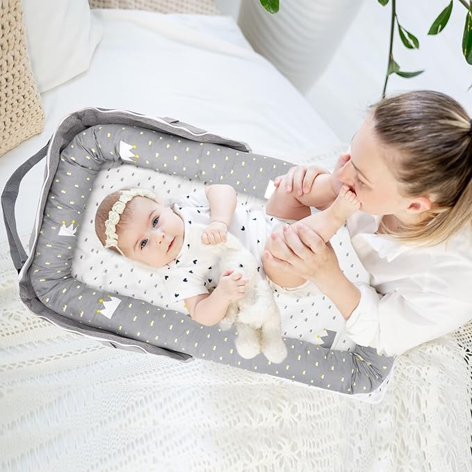 Baby Lounger for Newborn Portable Bag,Baby Nest Play Gym mat with Strap,Newborn Lounger Adjustable Size & Inner Zipper Lengthen Space to 24 Months(Gray Thousand Bird Check)-CubbioJoy