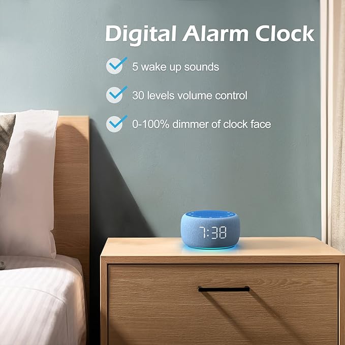 Buffbee Sound Machine & Alarm Clock 2-in-1, 0-100% Clock Face Brightness, Bottom Colored Light, Sleep Timer, Precise 30-Level Volume Control White Noise Machine - Twilight-CubbioJoy