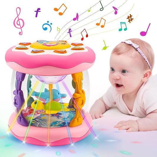 Baby Musical Light Up Toys 0-6 Months Tummy Time Ocean Projector Rotating Infant 0-3 4 5 6 7 8 9 Months Baby Aquarium Crawling Pink Toys Babies 6-12 Month Girls 1 2 Year Old Birthday Newborn Gifts-CubbioJoy