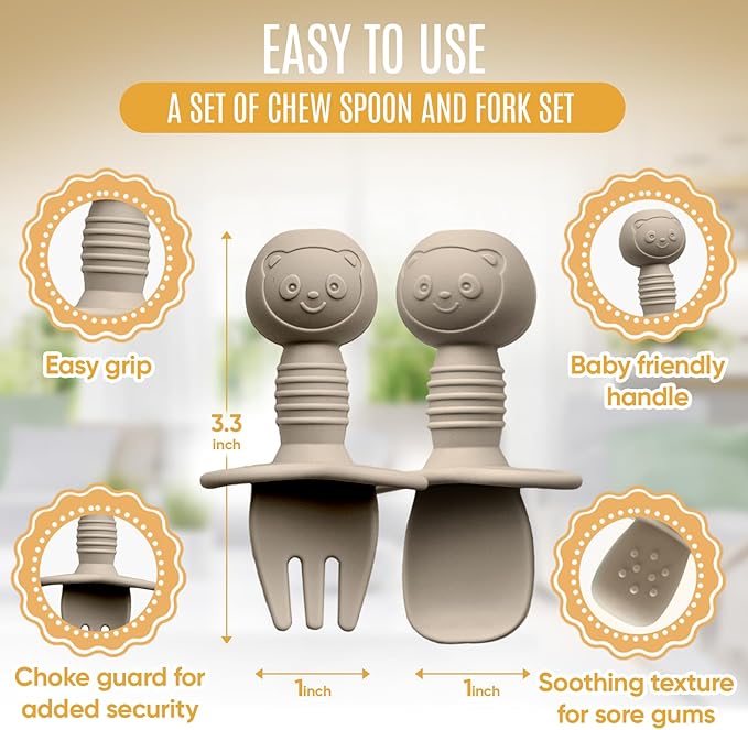 4pc Silicone Baby Spoons Self Feeding Baby Utensils 6-12 Months - 3 Baby Spoon - 1 Baby Fork - Toddler Cutlery Set - BPA Free, Dishwasher Safe - Baby Eating Essentials (Gray/Beige)-CubbioJoy
