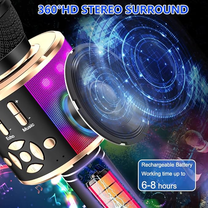 Amazmic Kids Karaoke Microphone Machine Toy Bluetooth Microphone Portable Wireless Karaoke Machine Handheld with LED Lights, Gift for Children Adults Birthday Party, Home KTV(Black Gold)-CubbioJoy