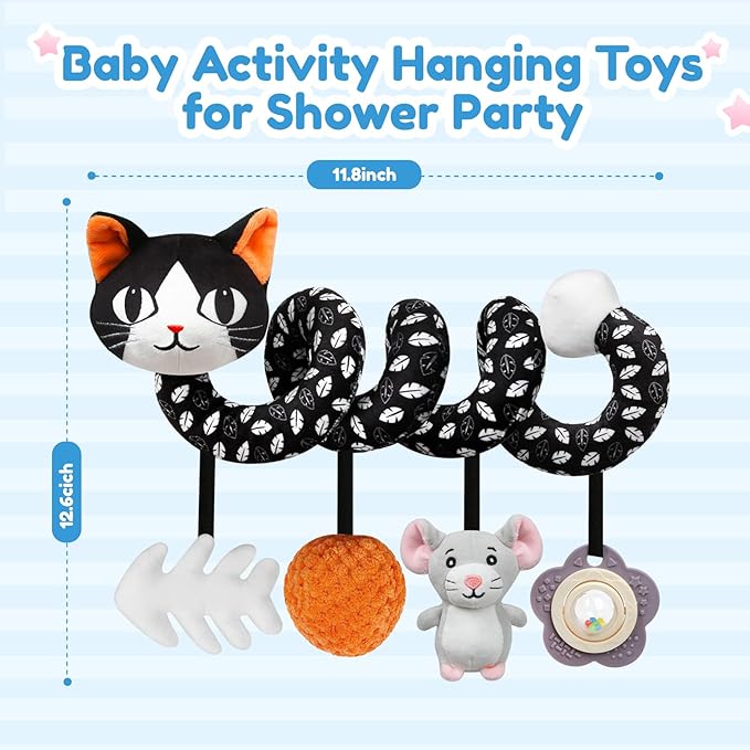 Car Seat Toys for Babies 0-6 Months,Hanging Rattle Toys for Crib Mobile, Baby Spiral Hanging Stroller Black and White High Contrast Toys for Newborn 0 3 6 9 12 Months Baby Boys Girls (Cat)-CubbioJoy