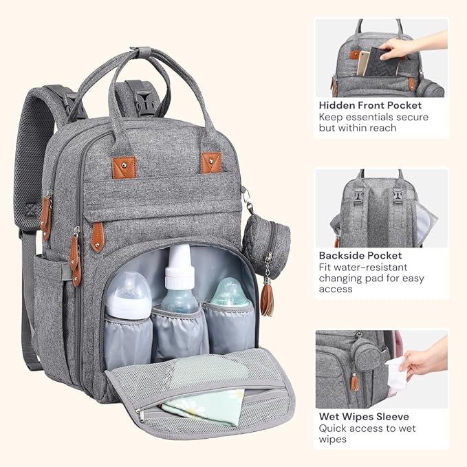 BabbleRoo Diaper Bag Backpack - Baby Essentials Travel Tote - Multi Function Waterproof Diaper Bag, Travel Essentials Baby Bag with Changing Pad, Stroller Straps & Pacifier Case - Unisex, Light Gray-CubbioJoy