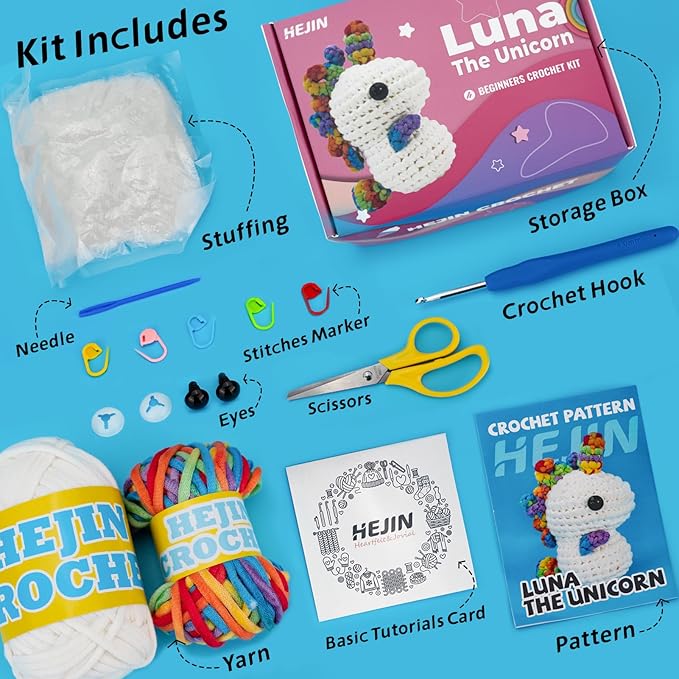 Crochet Kit for Beginners, Unicorn Crochet Kits for Kids and Adults Include Rainbow Yarn, Videos Tutorials, Eyes, and Crochet Hook - Crochet Animal Kit, Beginner Crochet Kit - Gift for Birthdays-CubbioJoy