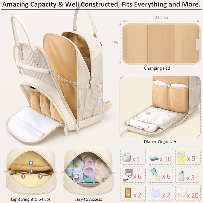 Diaper Bag Backpack for Women with Changing Pad, Baby Bag with Insulated Pockets Multifunctional Diaper Bags For Baby Girl Boy Waterproof Baby Bags For Boys Girls Maternity Bag Beige-CubbioJoy