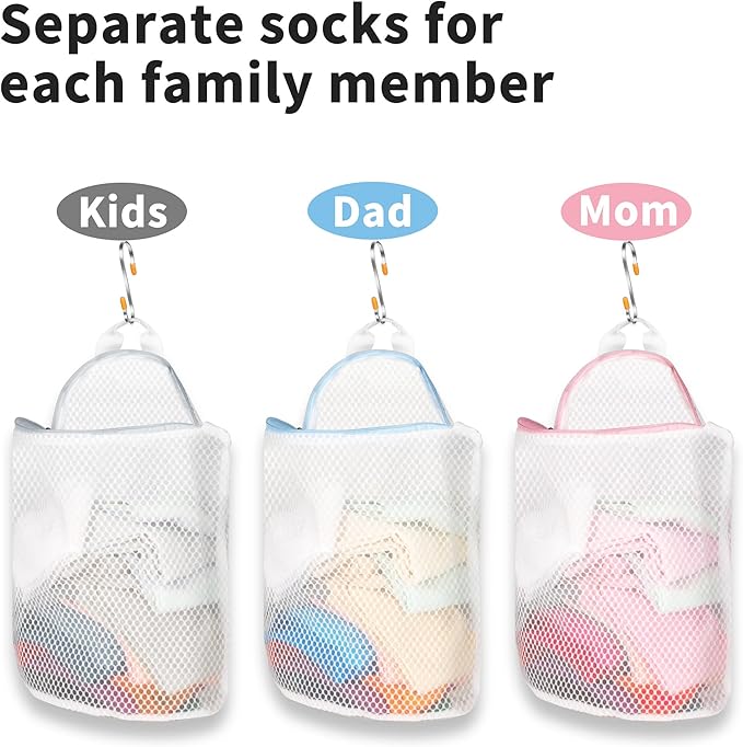3Pcs Hanging Laundry Bags for Socks with S Hooks, 3 Color Mesh Laundry Bags for Washing Machine-CubbioJoy