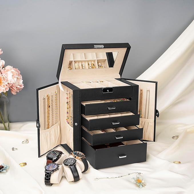 AKOZLIN 5-Tier Jewelry Box Lockable Leather Jewelry Storage Case with 4 Drawers for Women Girls Ring Necklace Earring Bracelet Watches Holder Organizer with Mirror-CubbioJoy