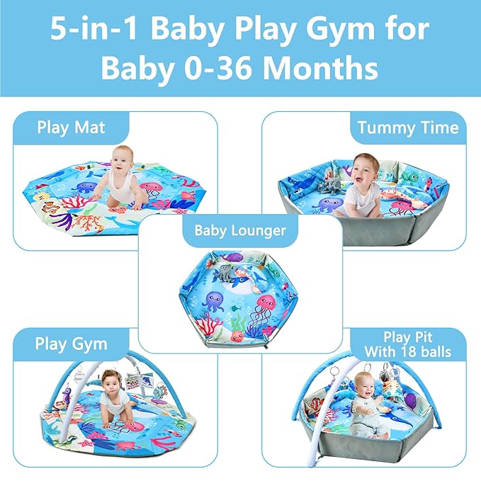 Baby Gym Play Mat, 8-in-1 Tummy Time Mat & Activity Gym, Washable Ball Pit, Infant Play Mat with Detachable Toys for Sensory Exploration and Motor Skill Development-CubbioJoy