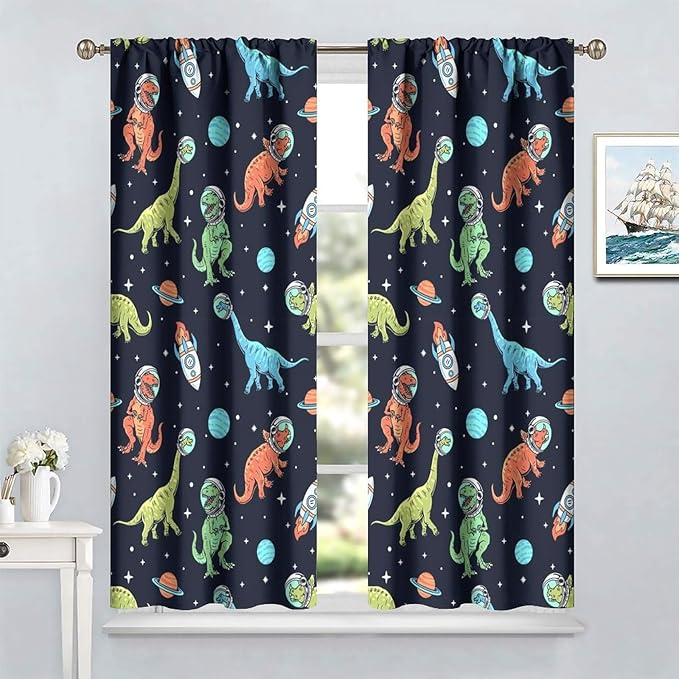 Cartoon Dinosaur Curtains for Kids Boys Girls Home Decor, Astronaut Rocket Funny Outer Space Blackout Rod Pocket Window Drapes for Bedroom Living Room W21xL45in Decor-CubbioJoy