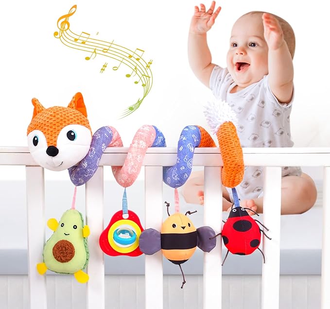 Jollybaby Baby Car Seat Stroller Toys, Plush Activity Hanging Spiral Activity Pram Crib with Music Box, Rattles, Squeaker for Babies Infant Boys Girls(Orange Fox)-CubbioJoy
