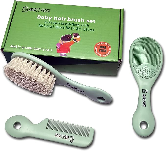 3 Piece Baby Hair Brush & Comb Set for Newborns- Soft Goat Bristle Hair-Brush, Silicone Bath Brush and Plastic Comb for Infant, Toddler, Kids - Baby-CubbioJoy