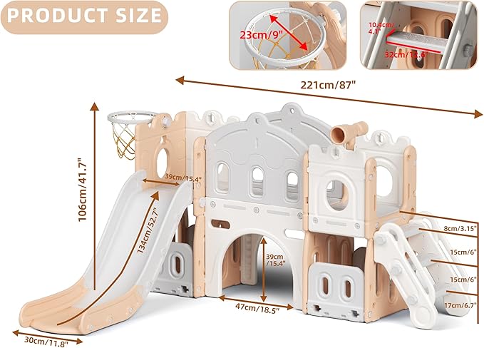 8 in 1 Toddler Slide, Kids Climber Slide with Storage Space and Non-Slip Steps, Indoor Outdoor Playset with Basketball Hoop and Telescope, Slide for Toddlers Age 1-3, Pink White-CubbioJoy