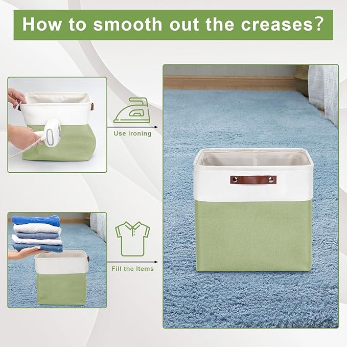 13x13 Cube Storage Bins, Collapsible Fabric Storage Box, 4 Pack Closet Baskets with Handles for Organizing, Shelf, Toys, Clothes, Home, Office, Nursery (Green&White)-CubbioJoy