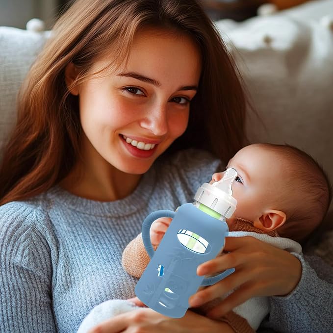 3 Pack Silicone Sleeves for Dr. Brown's Glass Baby Bottles - Drop Protection Baby Bottle Sleeves,Compatible with Dr. Brown's Newborn Glass Bottles,with Silicone Handles,8 oz-CubbioJoy