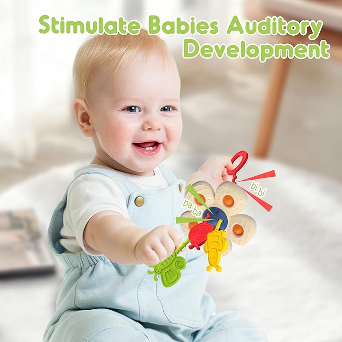 Baby Sensory Chew Toy for 6-12-18 Months, Soft Silicone Pull String Travel Toy for Car Seat & Stroller, Develops Fine Motor Skills & Vision, Early Learning Gift for Newborns and Toddlers Boys Girls-CubbioJoy