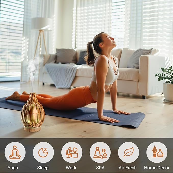 Boho Essential Oil Diffuser for Home Rattan Weaving with Remote Control, 100mL 7 Changing Color Lights Ultrasonic Aroma Humidifier, Noiseless Auto-Off Sleep Mode for Bedroom Office Workout-CubbioJoy