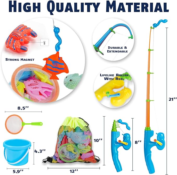 CozyBomB™ Magnetic Fishing Toys Game Set for Kids | Water Table Bathtub Kiddie Pool Party & Pole Rod Net, Plastic Floating Fish Toddler Color Ocean Sea Animals Birthday Age 3 4 5 6 Year-CubbioJoy