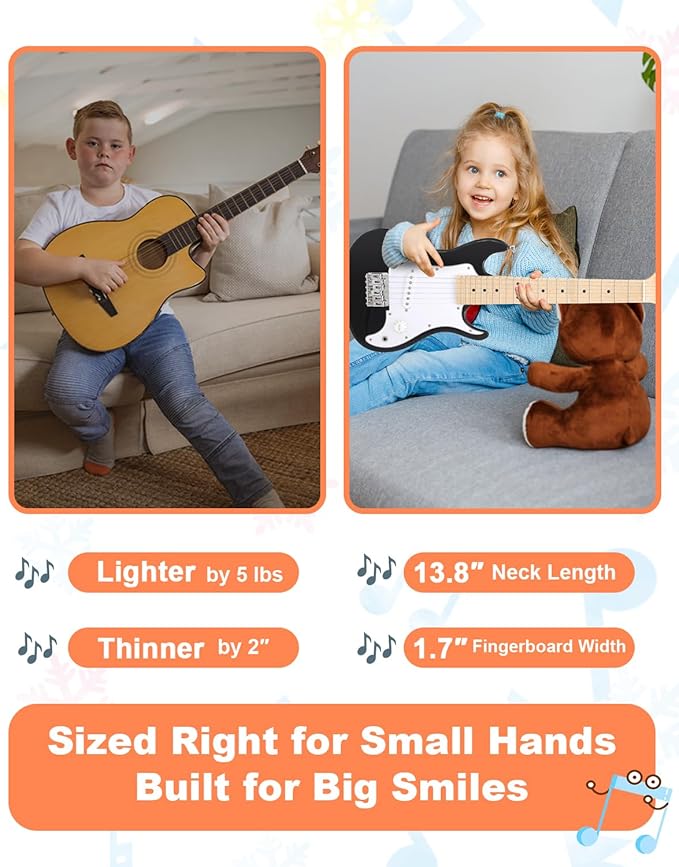 30 Inch Kids Electric Guitar Kit Beginner Complete Bundle with Smooth Fingerboard, Lightweight Design for Child, 5W Practice Amp, Gig Bag, Tuner, Strap, Cable, Picks, Extra Strings, RST-70 Black-CubbioJoy
