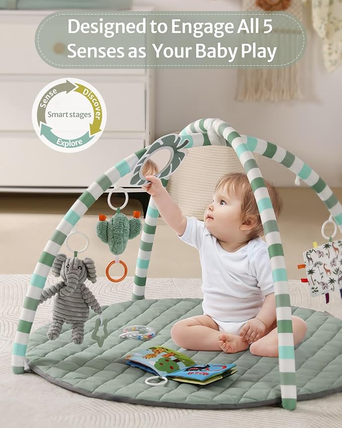 Blissful Diary Baby Play Gym Mat, Play Mat Activity Mat with 6 Detachable Toys for Stage-Based Sensory & Motor Skill Development, Easy to Install & Clean, Baby Essentials Gift, Sage Green-CubbioJoy