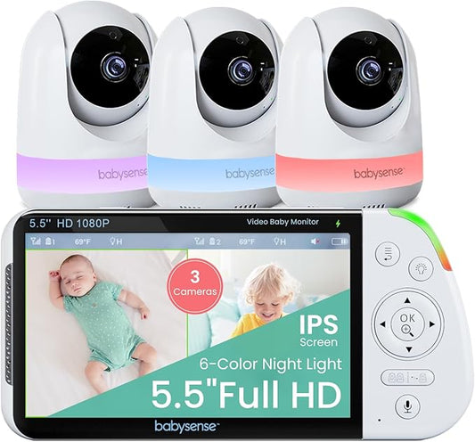 Babysense 5.5" Full-HD Split-Screen Baby Monitor, 1080p Video Baby Monitor with Camera and Audio, 3 Cameras with 6-Color RGB Night Light, 1000ft Range, Two-Way Audio, 4X Zoom, Large Battery-CubbioJoy