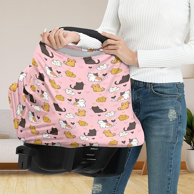 Binienty Baby Car Seat Covers - Cartoon Kitten Infant Carseat Canopy Multi-use Stretch Nursing Cover for Breastfeeding-CubbioJoy