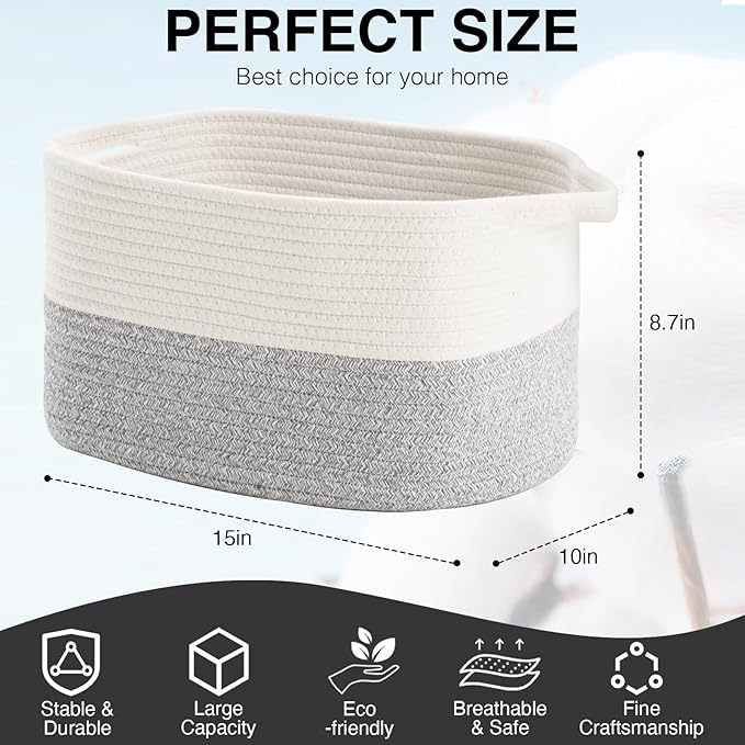 Cotton Rope Woven Storage Basket, Used for Baby Hamper Toy Organizer, Gift Baskets Empty,Kids Laundry Basket,Baby Blanket Basket. Size 15x10x8.7 Inches. (White&Grey-3PCS)-CubbioJoy