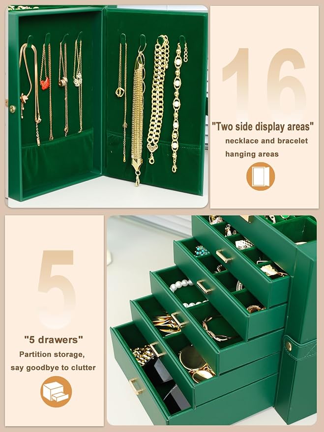 BOOVO Jewelry Box For women, 6 Layer Large Jewelry Organizer With Mirror, Multi-Function Storage Box With Lock, Necklace Holder With 5 Drawers, For Earrings Necklace Bracelet (Green and Gold)-CubbioJoy