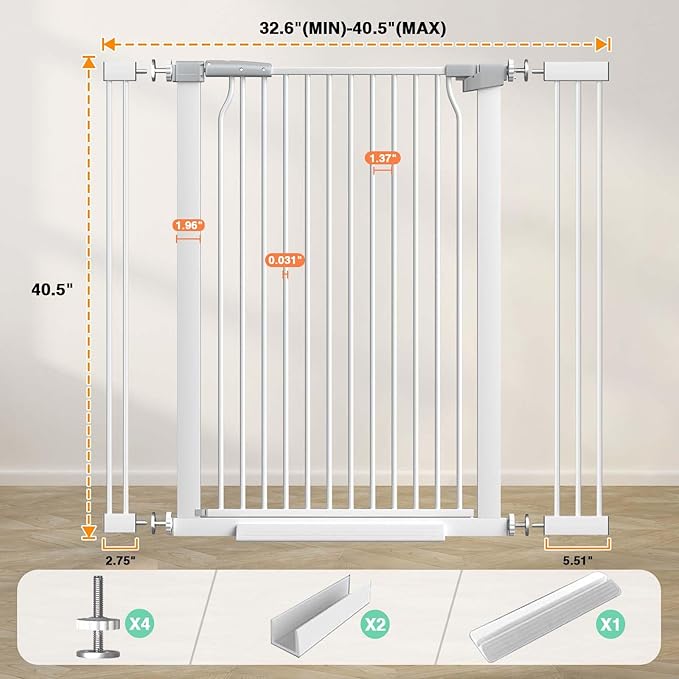40.5" Extra Tall Baby Gate for Stairs No Drill, 32.6"-40.5" Extra Wide Dog Gate Indoor, Pressure Mounted Metal Safety Child Gate, Cat Puppy Pet Gate for House Doorways Walk Thru, White-CubbioJoy