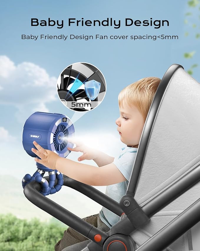 6000mAh Misting Fan for Stroller, 3 Speeds Portable Clip Fan with Intermittent/Continuous Spray, 14H Cooling, Detachable Mount, Timer & Night Light for Baby (100ML Water Tank)-Darblue-CubbioJoy