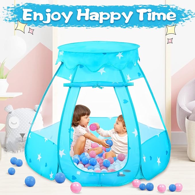 Baby Ball Pit for Toddler with 50 Balls, Kids Pop Up Play Tent for Girls, Princess Toys for Children Indoor & Outdoor Playhouse with Carry Bag (Bule: Pink/White/Babyblue, 109x90cm/50 Balls)-CubbioJoy