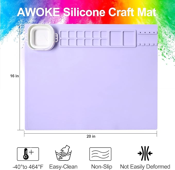 AWOKE Silicone Painting Mat - 20"X16" Silicone Art Mat with 1 Water Cup for Kids - Craft Mat has12 Color Dividers - 2 Paint Dividers (Purple)-CubbioJoy