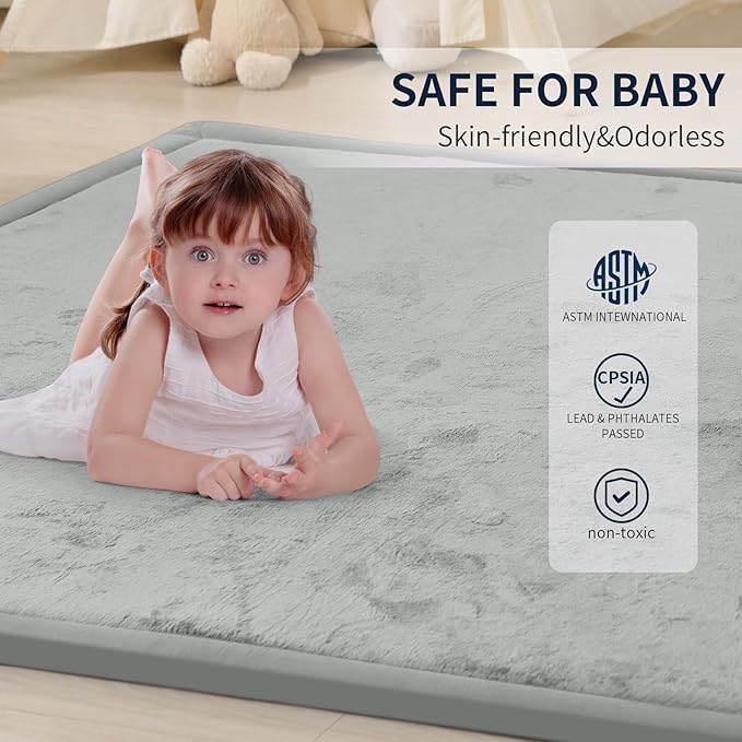 ACOMOPACK Baby Play Mat for Floor 1.3" Thick Memory Foam Play Mat 79"×118" Tummy Time Crawling with Non-Slip Bottom for Living Room,Nursery,Soft Velvet Playpen Mats for Kids,Infants（Light Grey）-CubbioJoy