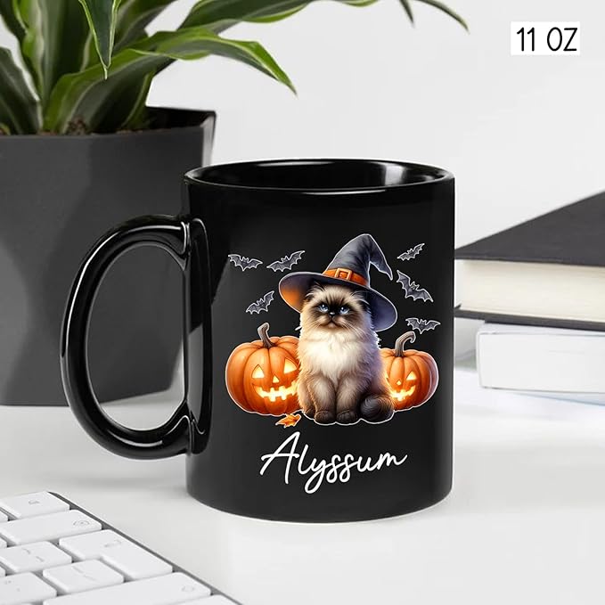 Customized Himalayan Wearing Witch Hat Mug with Name, Personalized Halloween Himalayan Ceramic Mug 11oz 15oz, Cat Pumpkins Black Coffee Cup, Halloween Cup Gift for Pet Lover Family Friend-CubbioJoy
