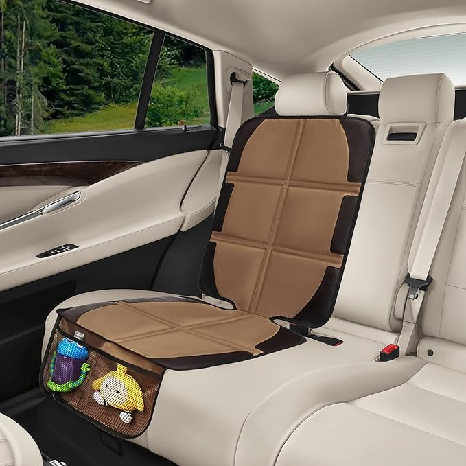 Car Seat Protector, 2 Pack Baby CarSeat Covers with Mesh Pockets & Non-Slip Backing 600D Durable Seat Protectors Under Car Seat for Baby (Black & Brown, Large)-CubbioJoy