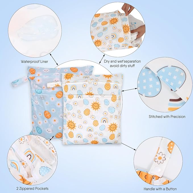 2pcs Travel Waterproof Laundry Bag, Cloth Diaper Wet Dry Bags with Handle 2 Zipper Pockets Washable Dirty Clothes Travelling Hanging Bathing Beach Daycare Yoga Gym Sports Exercise Swimsuits-CubbioJoy