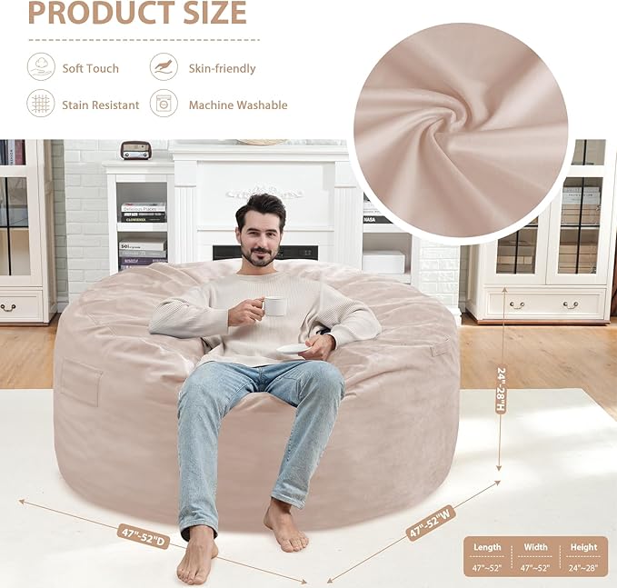 5FT Bean Bag Chair, Large Bean Bag Chairs with Memory Foam Filled, Fluffy Beanbag Sofa with Dutch Velvet Cover, Round BeanBag Chairs for Living Room, Playroom - Beige-CubbioJoy