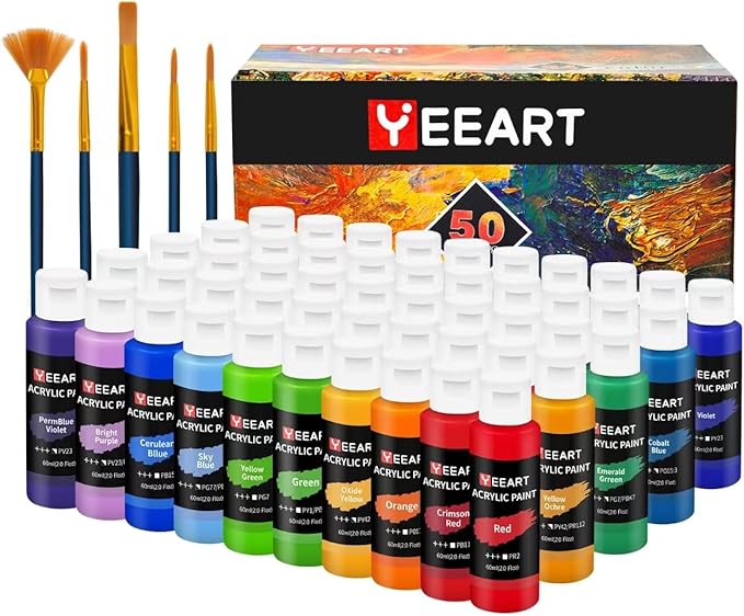 50 Color Acrylic Paint Set, 2oz Bottles, Rich Pigmented Canvas Paint with 10 Brushes &Palette, Professional Art Supplies Kit for Adults & Kids, Non-Toxic, Suitable for Canvas, Rocks, Wood-CubbioJoy